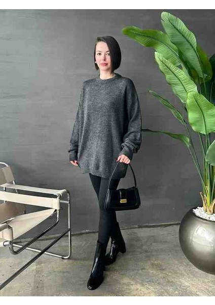 Kadın Antrasit Bisiklet Yaka Oversize Basic Triko Kazak