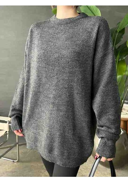 Kadın Antrasit Bisiklet Yaka Oversize Basic Triko Kazak
