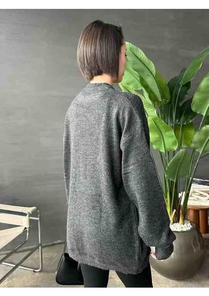 Kadın Antrasit Bisiklet Yaka Oversize Basic Triko Kazak