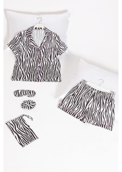 5'li Zebra Desenli Saten Pijama Şort Takım