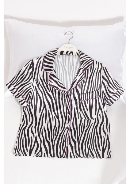 5'li Zebra Desenli Saten Pijama Şort Takım