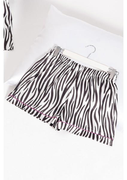 5'li Zebra Desenli Saten Pijama Şort Takım