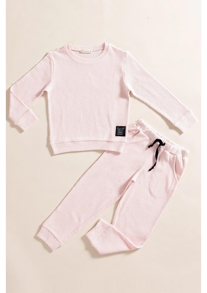 2'li Pamuk Waffle Sweat Jogger Pembe Alt Üst Takım