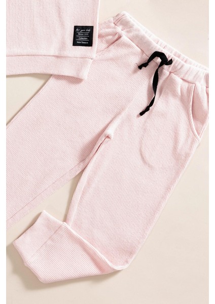 2'li Pamuk Waffle Sweat Jogger Pembe Alt Üst Takım modelleri