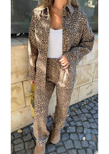 Kadın Kahve Leopar Jean Ceket Pantolon Takım