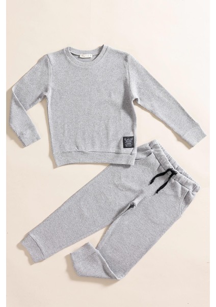 2'li Pamuk Waffle Sweat Jogger Koyu Gri Alt Üst Takım
