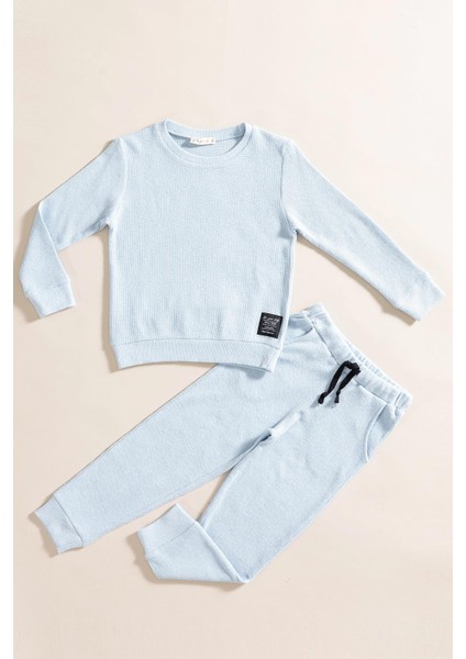 2'li Pamuk Waffle Sweat Jogger Mavi Alt Üst Takım