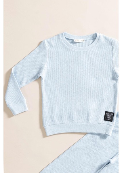 2'li Pamuk Waffle Sweat Jogger Mavi Alt Üst Takım modelleri