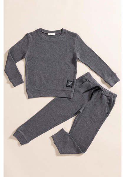 2'li Pamuk Waffle Sweat Jogger Antrasit Alt Üst Takım