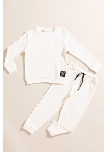 2'li Pamuk Waffle Sweat Jogger Ekru Alt Üst Takım
