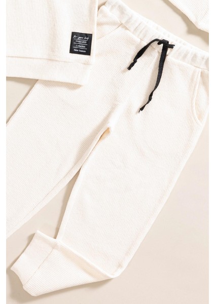 2'li Pamuk Waffle Sweat Jogger Ekru Alt Üst Takım modelleri