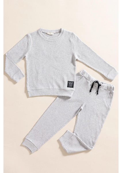 For You Kids 2'li Pamuk Waffle Sweat Jogger Açık Gri Alt Üst Takım