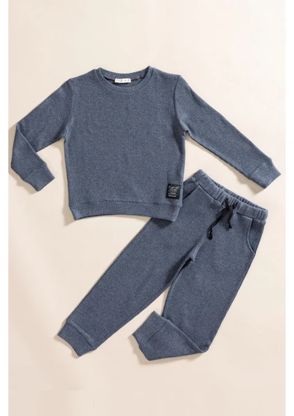 For You Kids 2'li Pamuk Waffle Sweat Jogger Indigo Alt Üst Takım