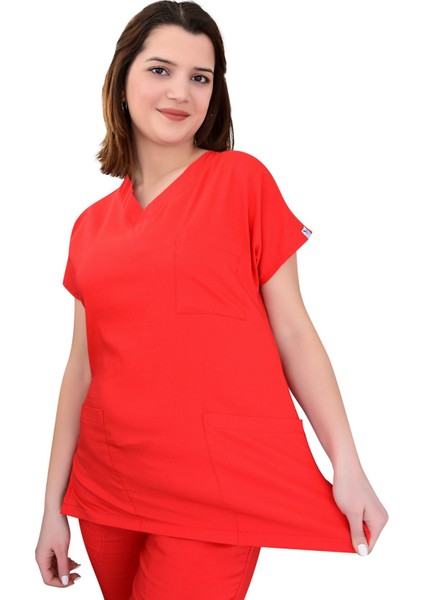Kırmızı Likralı Doktor Hemşire Üniforması Alt Üst Takım
