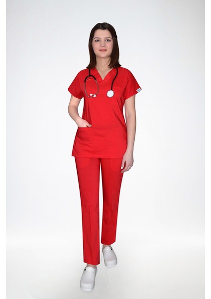 Kırmızı Likralı Doktor Hemşire Üniforması Alt Üst Takım fiyatları