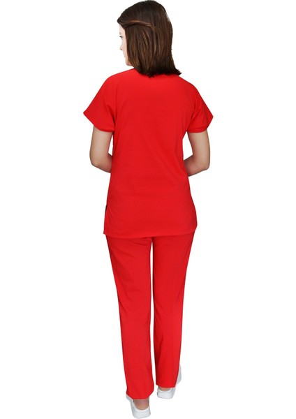 Kırmızı Likralı Doktor Hemşire Üniforması Alt Üst Takım modelleri