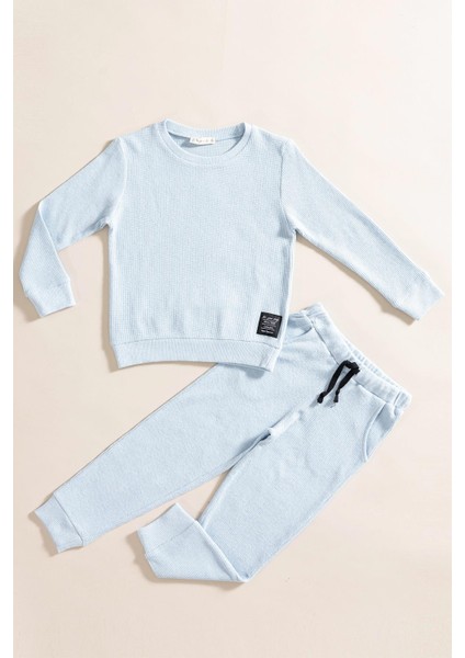 For You Kids 2'li Pamuk Waffle Sweat Jogger Mavi Alt Üst Takım