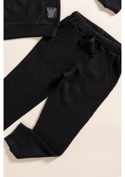 2'li Pamuk Waffle Sweat Jogger Siyah Alt Üst Takım modelleri