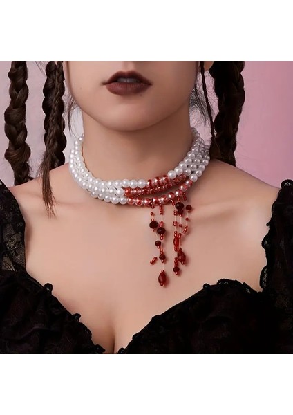 Lovisa Accessories Gotik Kolye, Vampir Kanlı Inci Kolye 3 Sıra