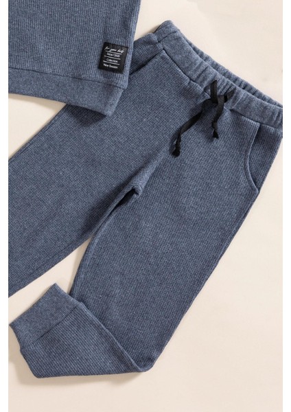 2'li Pamuk Waffle Sweat Jogger Indigo Alt Üst Takım modelleri