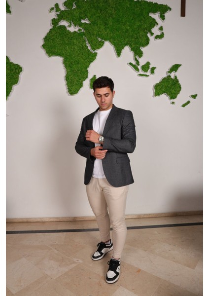 Vad Füme Ekose Desenli Erkek Blazer Spor Ceket