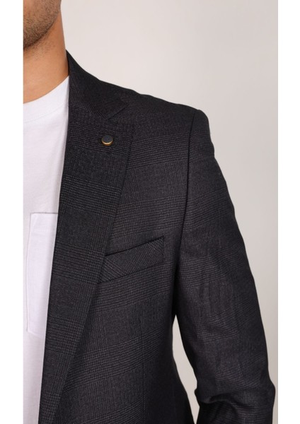 Vad Füme Ekose Desenli Erkek Blazer Spor Ceket