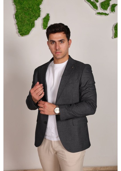 Vad Füme Ekose Desenli Erkek Blazer Spor Ceket