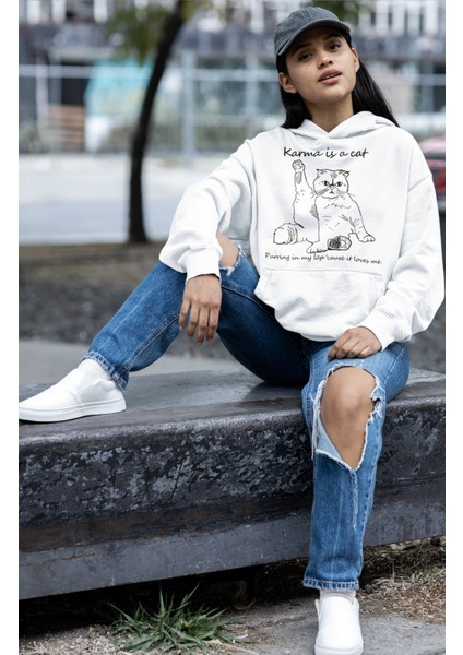 Karma Is A Cat Baskılı Kapüşonlu Sweatshirt, Oversize Taylor Swift Baskılı Hoodie