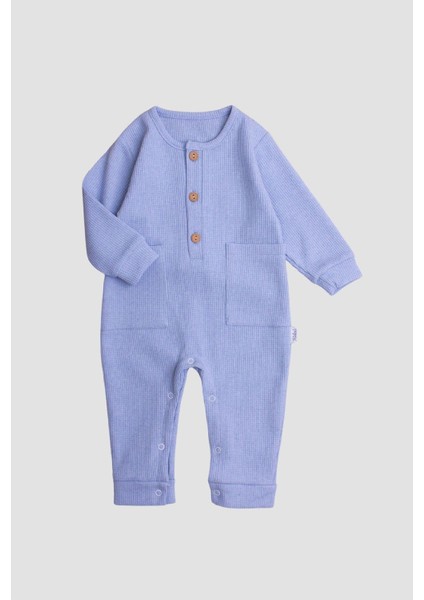 Waffle Görselli Ahşap Düğmeli Pamuklu Bebek Tulum