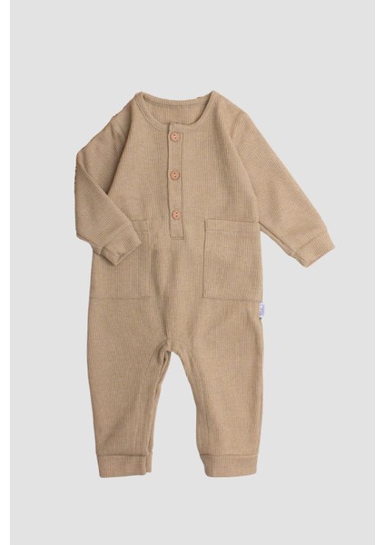 Waffle Görselli Ahşap Düğmeli Pamuklu Bebek Tulum