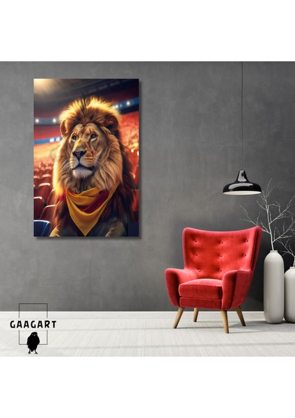 Tekli Dikey Kanvas Duvar Tablosu Sarı Kırmızı Atkılı Aslan