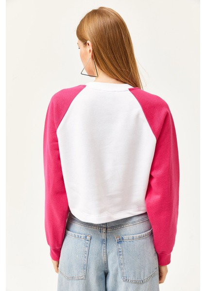Kadın Oversize Pembe-Beyaz Içi Polarlı Şardonlu Nakışlı Pamuklu Kışlık Crop Sıcak Tutan Sweatshirt modelleri