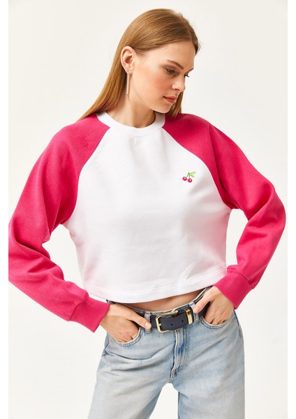 Kadın Oversize Pembe-Beyaz Içi Polarlı Şardonlu Nakışlı Pamuklu Kışlık Crop Sıcak Tutan Sweatshirt indirimleri