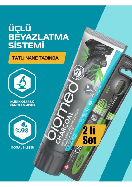 Charcoal Diş Macunu ve Black Diş Fırçası 2'li Set Doğal Bitkisel Vegan Florürsüz