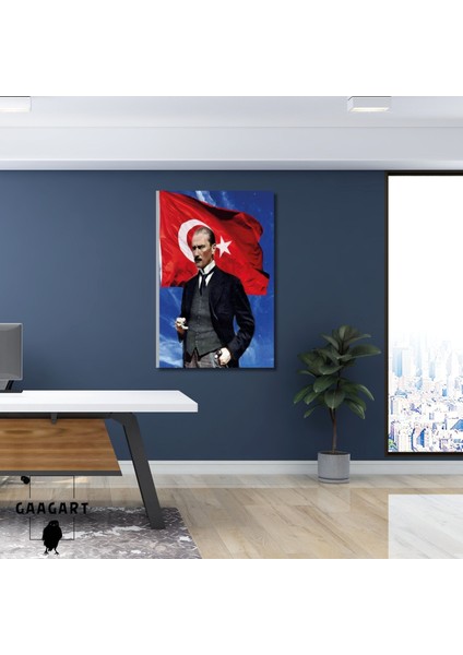 Tekli Dikey Kanvas Duvar Tablosu Türk Bayrağı ve Kemal Atatürk