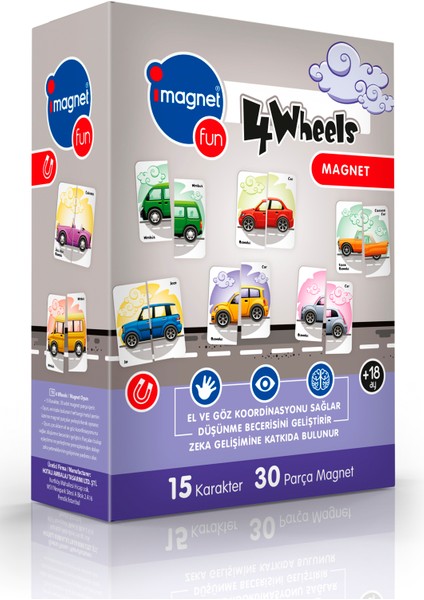 4WHEELS | 2 Parçalı | Magnet Yap-Boz | 15 Araç | 30 Parça | Magnet Oyun | 18AY