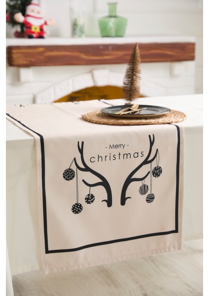 Yılbaşı Geyik Desenli Krem Runner