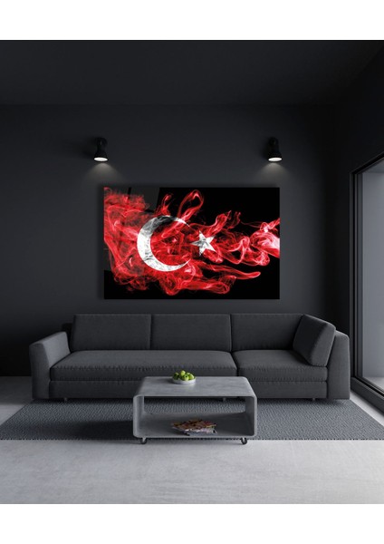 Kırmızı Duman Türk Bayrağı Cam Tablo Ev Ofis Salon Dekoru , Tablo
