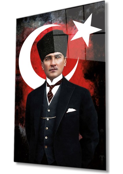 Atatürk Ay Yıldız Bayrak Cam Tablo, Ev Ofis Duvar Dekoru, Büyük Cam Tablo