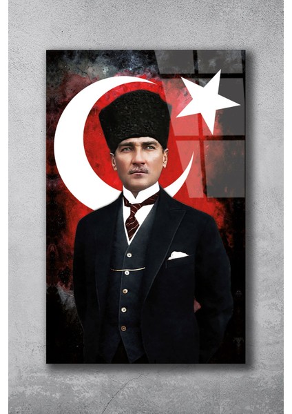 Atatürk Ay Yıldız Bayrak Cam Tablo, Ev Ofis Duvar Dekoru, Büyük Cam Tablo