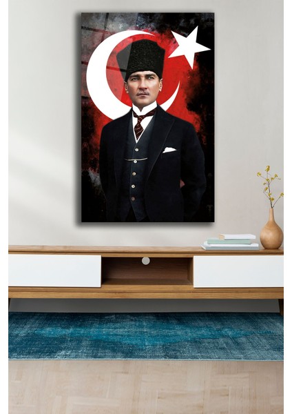 Atatürk Ay Yıldız Bayrak Cam Tablo, Ev Ofis Duvar Dekoru, Büyük Cam Tablo