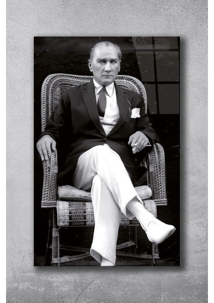 Atatürk Siyah Beyaz Cam Tablo, Ev Ofis Duvar Dekoru, Büyük Tablo Dekor