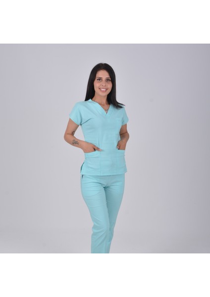 Mint Mavisi Likralı Doktor Hemşire Hastane Üniforma Takımı