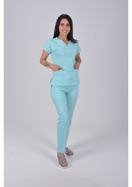 Mint Mavisi Likralı Doktor Hemşire Hastane Üniforma Takımı modelleri
