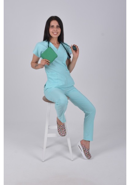 Mint Mavisi Likralı Doktor Hemşire Hastane Üniforma Takımı fırsatları