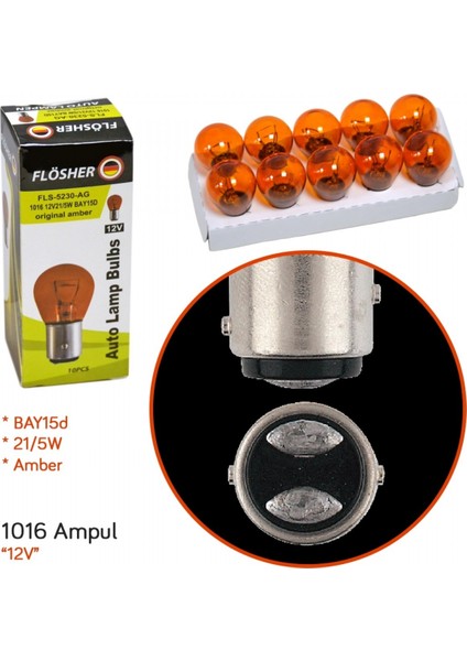 Flösher 12v 1016 Ampul Amber 21/5w Bay15d Fls 5230-Ag (10 Lu)