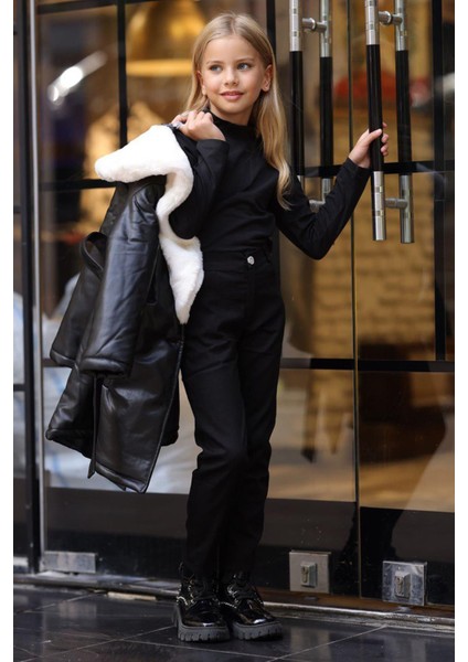 Kız Çocuk Yakası Kürk ve Taş Düğme Detaylı Siyah Deri Alt Üst Takım Kaban Mont fiyatları