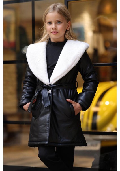 Kız Çocuk Yakası Kürk ve Taş Düğme Detaylı Siyah Deri Alt Üst Takım Kaban Mont modelleri