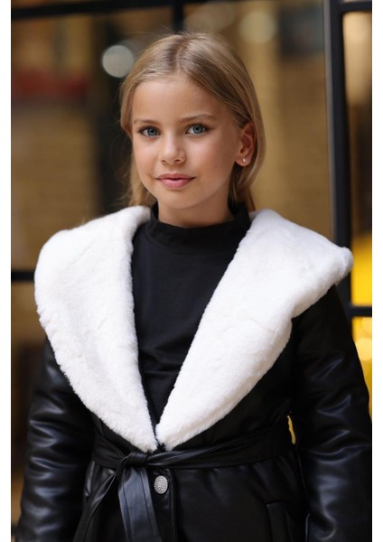 Kız Çocuk Yakası Kürk ve Taş Düğme Detaylı Siyah Deri Alt Üst Takım Kaban Mont fırsatları