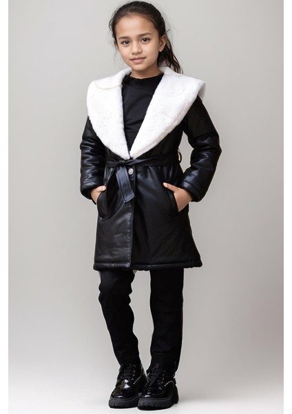Kız Çocuk Yakası Kürk ve Taş Düğme Detaylı Siyah Deri Alt Üst Takım Kaban Mont indirimleri